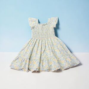 Gabby Smocked Flutter Sleeve Floral Dress for Kids - Yellow & Blue Size 7
